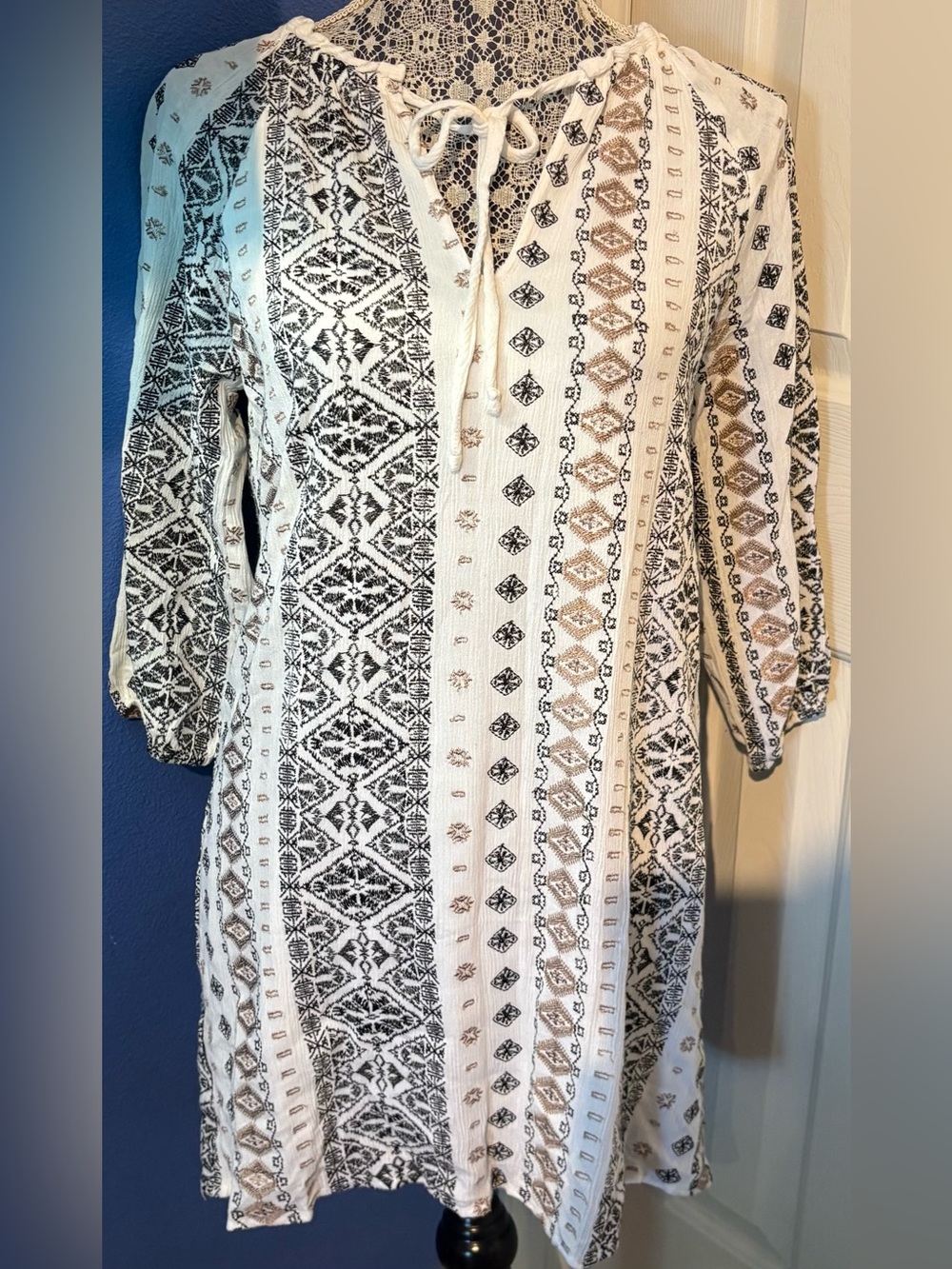 Blue Rain White Dress with Black and Tan Embroidered Print